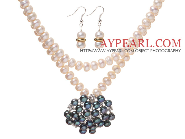 Fashion Natural White Ferskvann Pearl Beaded Stiller ( Black Pearl Og Rhinestone anheng halskjede med matchet øredobber )