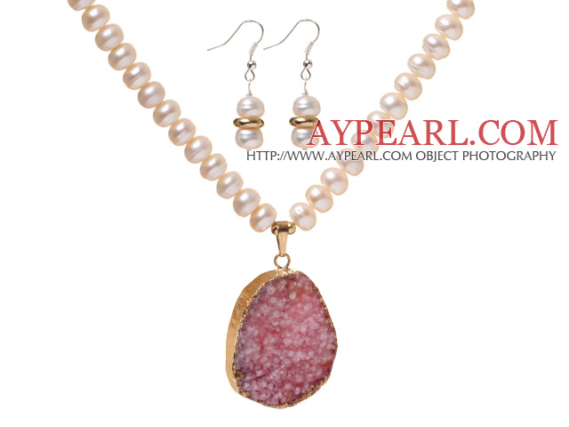 Mode naturel d'eau douce blanc perlé Sets (Golden Wired -Wrap cristallisé collier pendentif Agate Avec assortie d'oreilles )