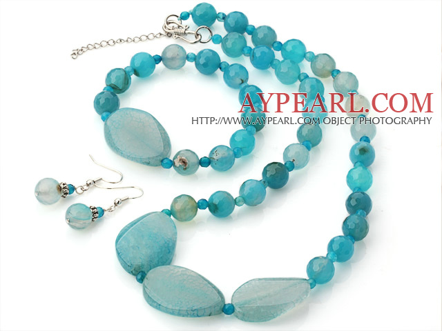 Pretty Round Faceted And Irregular Blue Agate Beads Sets (Necklace Bracelet With Matched Earrings)