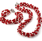 Fashion Multi Strands Twisted Natural White Freshwater Pearl And Red Coral Sets (Necklace With Matched Bracelet)