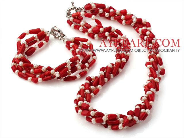Fashion Multi Strands Twisted Natural White Freshwater Pearl And Red Coral Sets (Necklace With Matched Bracelet)