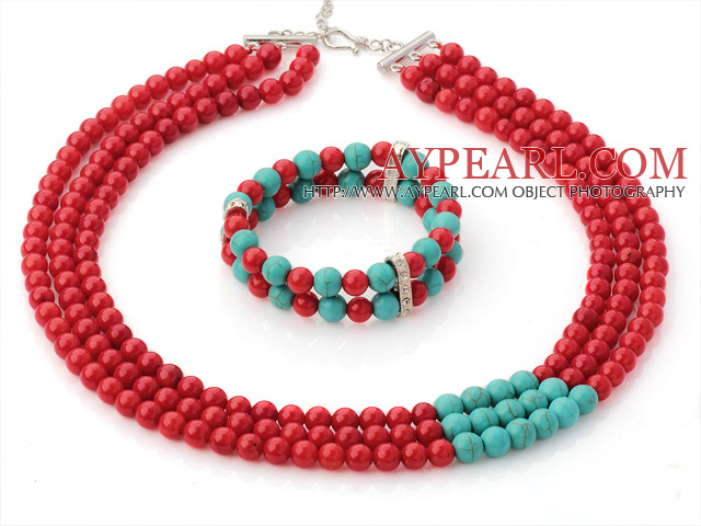 Wonderful Multi Strands Round Red Coral And Green Turquoise Sets (Necklace With Stretchy Bracelet)