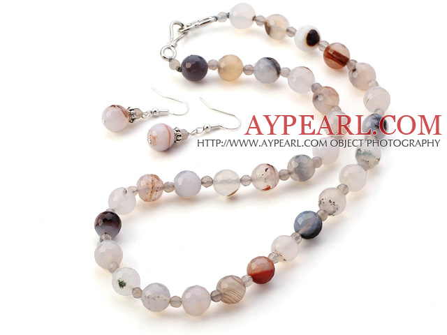 Fashion mångfacetterad runda Banded Gray Agate Jewelry Sets ( halsband med matchande örhängen )