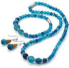 Nice Round Blue Agate Beaded Sets With Magnetic Clasp (Necklace Bracelet With Matched Earrings)