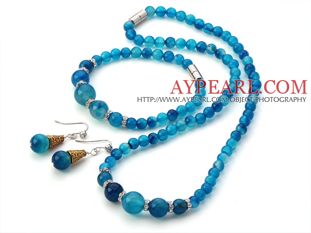 Nice Round Blue Agate Beaded Sets With Magnetic Clasp (Necklace Bracelet With Matched Earrings)