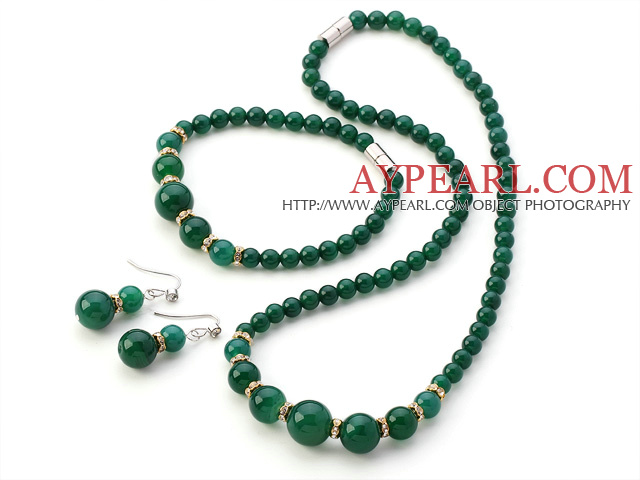 Nice A Grade Round Green Agate Beaded Sets With Magnetic Clasp (Necklace Bracelet With Matched Earrings)