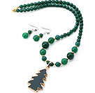 Fashion Round Green Agate Beaded Sets (Golden Wired Wrap Agate Tree Pendant Necklace With Matched Earrings)