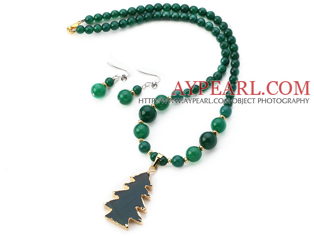 Mode-Rund Grüne Achat Perlen -Sets ( Goldene Wired Wrap Achat Baum hängende Halskette mit Ohrringe Matched )