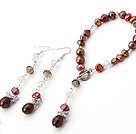 Fashion Multi Golden Brown Freshwater Pearl And Crystal Sets (Pendant Bracelet With Matched Earrings)