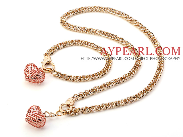 Fashion Golden Loop Metal Chain Och Rose Gold Heart Pendant Set ( Halsband med matchande armband )