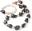 Fashion Black Nuclear Pearl och Natural White Abacus Freshwater Pearl Set ( Halsband med matchande armband )