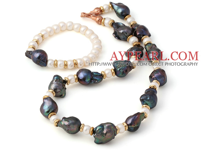 Fashion Black Nuclear Pearl och Natural White Abacus Freshwater Pearl Set ( Halsband med matchande armband )