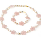 Fashion Natural White Freshwater Pearl And Rose Quartz Flower Necklace Bracelet Sets