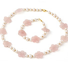 Mode Natural White Freshwater Pearl och Rose Quartz blomma halsband armband Sets