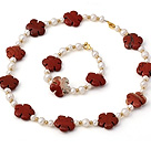 Fashion Natural White Freshwater Pearl And Red Marble Flower Necklace Bracelet Sets