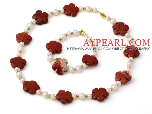 Fashion Natural White Freshwater Pearl And Red Marble Flower Necklace Bracelet Sets