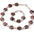 Fashion Natural White Freshwater Pearl And Rhodonite Flower Sets (Necklace With Matched Bracelet)