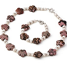 Fashion Natural White Ferskvann Pearl og Rhodonite Flower Stiller ( halskjede med matchet armbånd )