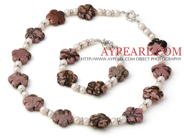 Fashion Natural White Ferskvann Pearl og Rhodonite Flower Stiller ( halskjede med matchet armbånd )