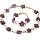Nice Natural White Freshwater Pearl And Purple Jade Flower Sets (Necklace With Matched Bracelet)