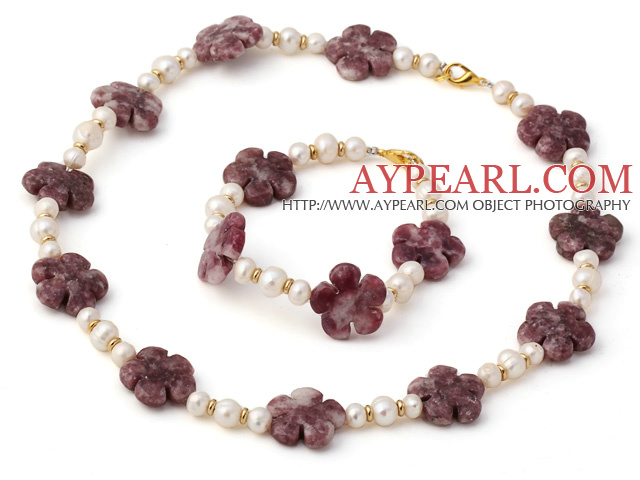 Nice Natural White Freshwater Pearl And Purple Jade Flower Sets (Necklace With Matched Bracelet)