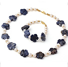 Nice Natural White Freshwater Pearl And Lapis Flower Sets (Necklace With Matched Bracelet)