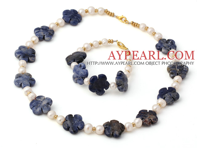 Nice Natural White Freshwater Pearl And Lapis Flower Sets (Necklace With Matched Bracelet)