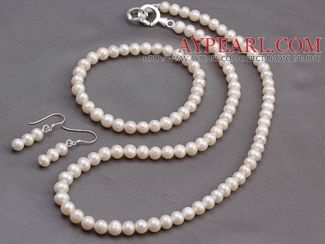 Fashion 5-6mm Natural White Freshater Pearl Beaded Sets (Necklace And Elastic Bracelet With Matched Earrings)