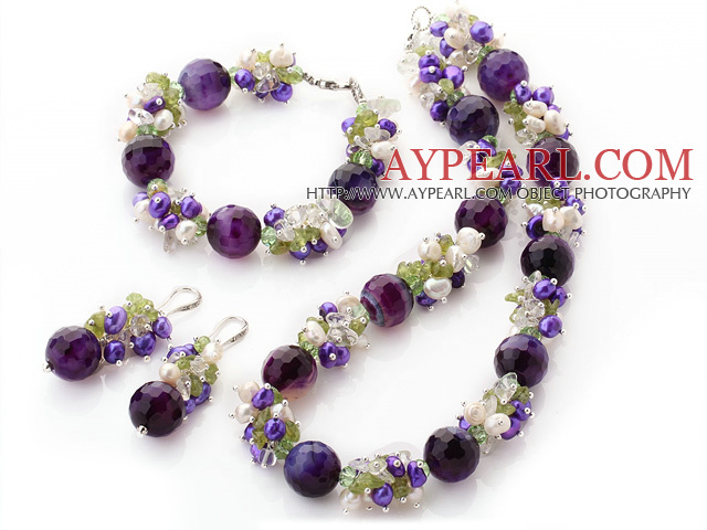 Popular Cluster Freshwater Pearl Crystal Olive Chips And Round Faceted Purple Agate Sets (Necklace Bracelet With Matched Earrings)
