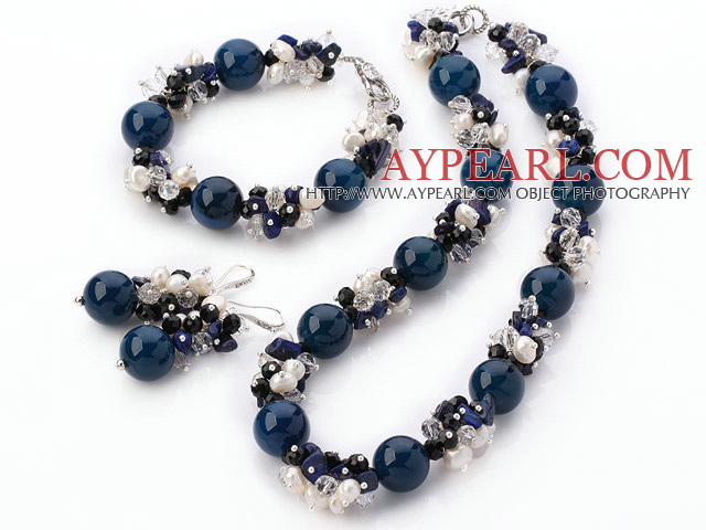 Popular Cluster Freshwater Pearl Crystal Lapis Chips And Round Blue Agate Sets (Necklace Bracelet With Matched Earrings)