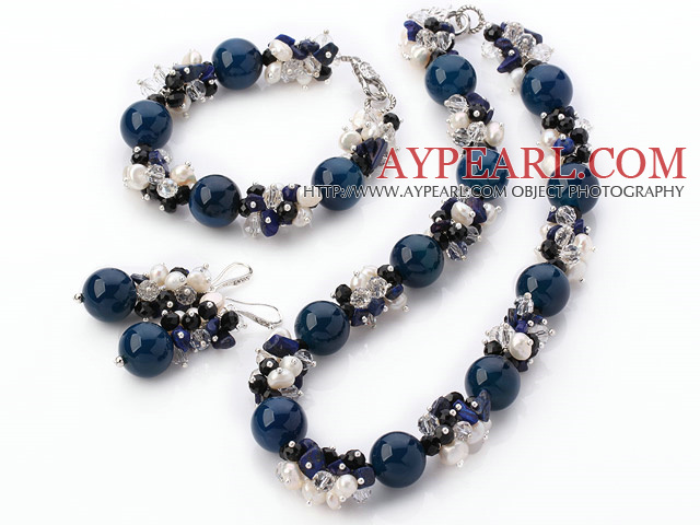 Populære Cluster Ferskvann Pearl Crystal Lapis Chips And Round Blå Agate Stiller ( halskjede armbånd med matchet øredobber )