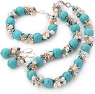 Popular Cluster Freshwater Pearl Crystal Chipped And Round Turquoise Sets (Necklace Bracelet With Matched Earrings)