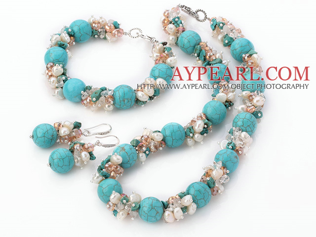 Popular Cluster Freshwater Pearl Crystal Chipped And Round Turquoise Sets (Necklace Bracelet With Matched Earrings)