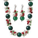 Popular Cluster Freshwater Pearl Crystal Bloodstone And Round Faceted Green Agate Sets (Necklace Bracelet With Matched Earrings)