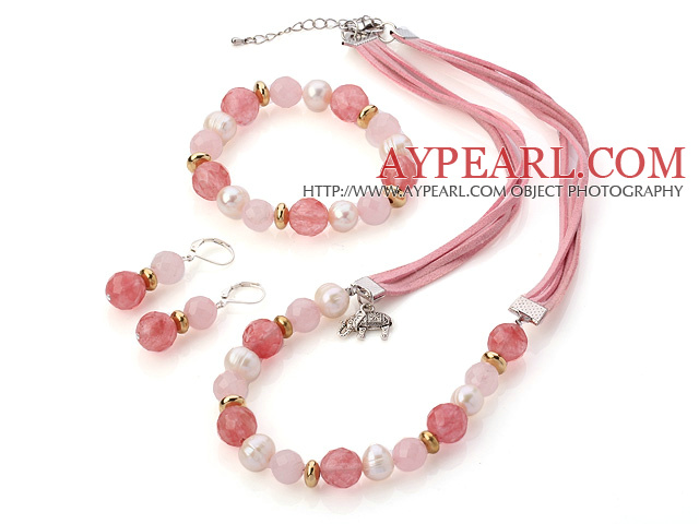 Fashion White Freshwater Pearl And Faceted Rose Cherry Quartz Sets (Necklace Bracelet With Matched Earrings)