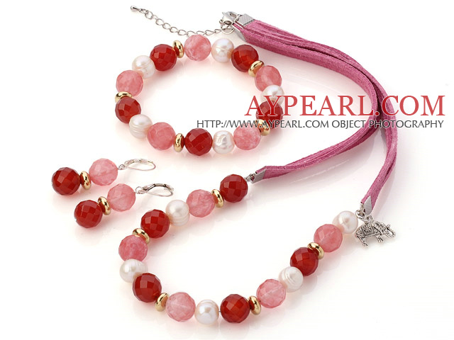 Fashion White Freshwater Pearl And Faceted Red Agate Cherry Quartz Sets (Necklace Bracelet With Matched Earrings)