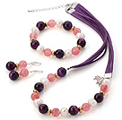 Fashion White Freshwater Pearl And Round Faceted Purple Agate Cherry Qaurtz Sets (Necklace Bracelet With Matched Earrings)