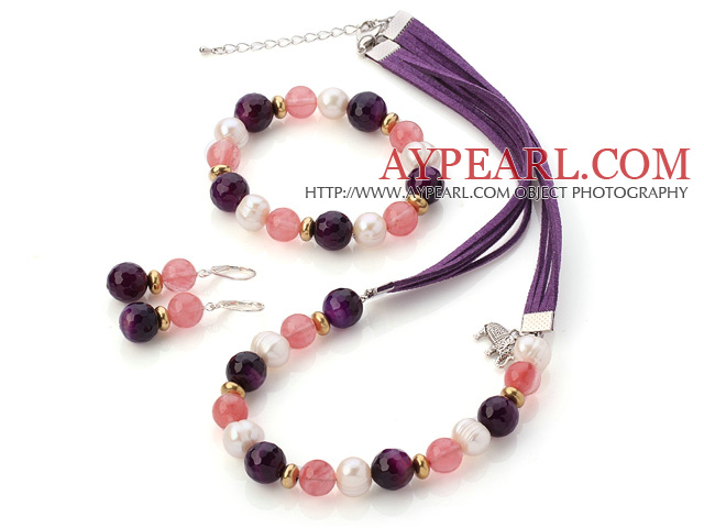 Fashion White Freshwater Pearl And Round Faceted Purple Agate Cherry Qaurtz Sets (Necklace Bracelet With Matched Earrings)