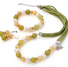 Fashion White Freshwater Pearl Round Yellow And South Korea Jade Sets (Necklace Bracelet With Matched Earrings)