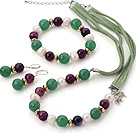 Fashion White Freshwater Pearl Round Faceted Aventurine And Purple Agate Sets (Necklace Bracelet With Matched Earrings)
