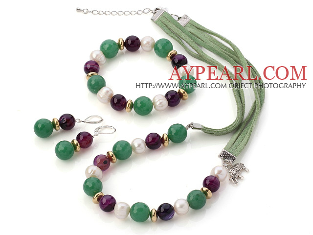 Fashion White Freshwater Pearl Round Faceted Aventurine And Purple Agate Sets (Necklace Bracelet With Matched Earrings)