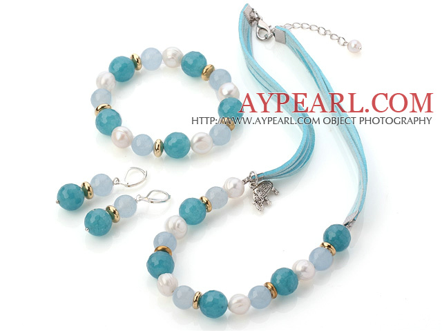 Fashion White Freshwater Pearl And Round Sponge Aquarmarine Sets (Necklace Bracelet With Matched Earrings)