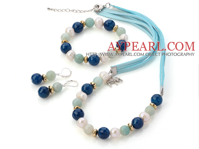 Fashion White Freshwater Pearl And Faceted Round Blue Agate And Amazon Sets (Necklace Bracelet With Matched Earrings)