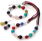 Fashion White Freshwater Pearl And Multi Round Gemstone Sets (Necklace Bracelet With Matched Earrings)