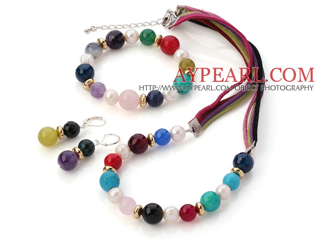 Fashion White Freshwater Pearl And Multi Round Gemstone Sets (Necklace Bracelet With Matched Earrings)