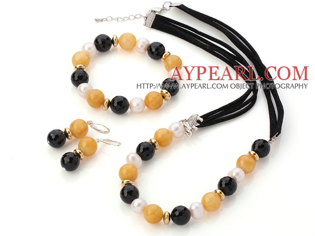 Fashion White Freshwater Pearl Round Yellow Jade And Faceted Black Agate Sets (Necklace Bracelet With Matched Earrings)