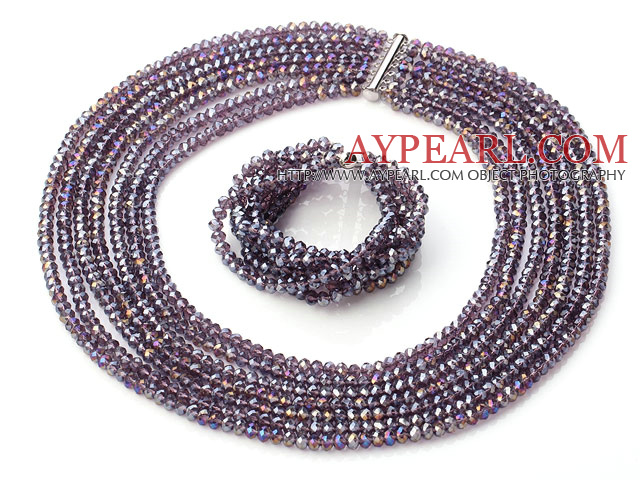 Beautiful Multi Strands Manmade Purple Crystal Necklace Bracelet Sets With Magnetic Clasp
