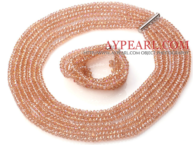 Beautiful Multi Strands Manmade Yellow Crystal Necklace Bracelet Sets With Magnetic Clasp