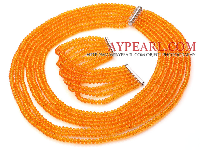 Beautiful Multi Strands Manmade Orange Yellow Crystal Necklace Bracelet Sets With Magnetic Clasp