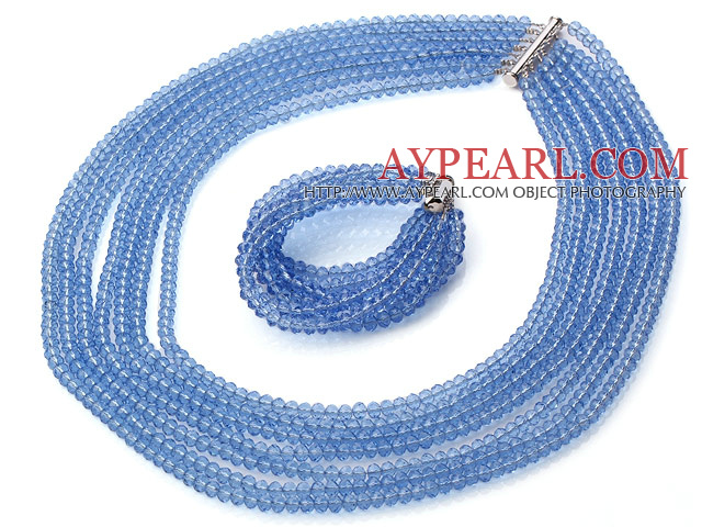 Vackra Multi Strands Konstgjort Ljusblå Crystal Halsband Armband Set med magnetlås